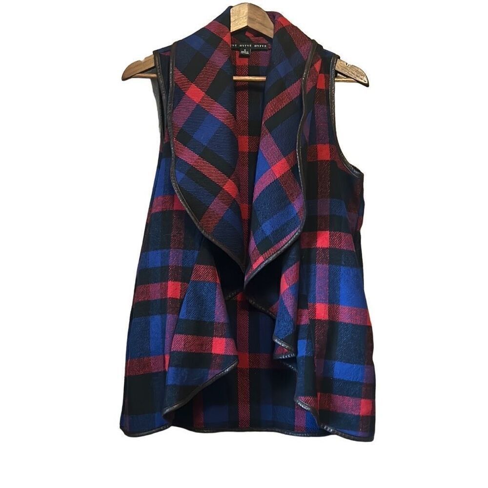Hyfve Plaid Vest Womens Medium Drape Front Faux Leather Trim Red Blue